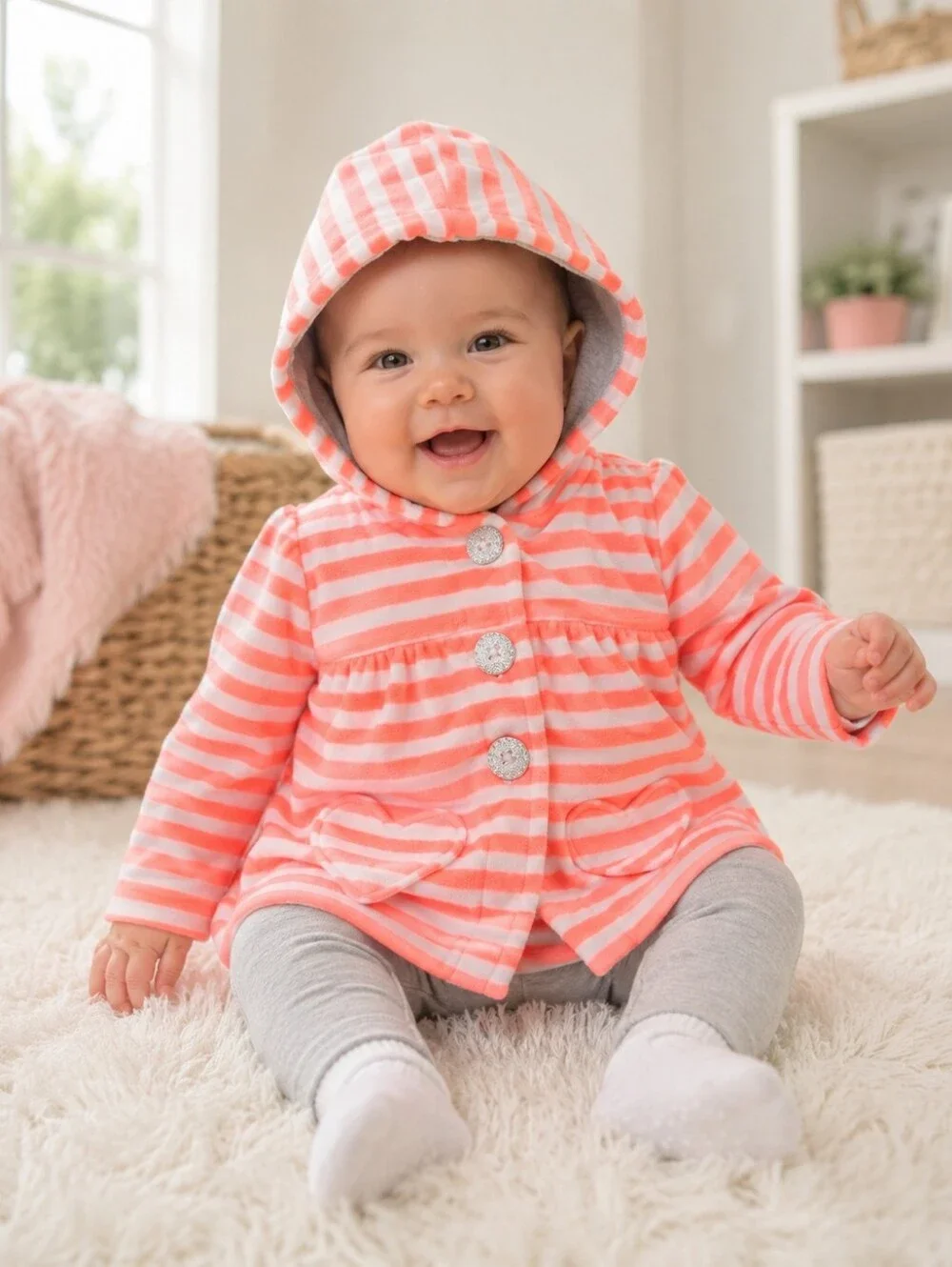 Carter's Baby Girls Hooded Fleece Jacket 3 Months Pink Coral Stripe Heart Pocket